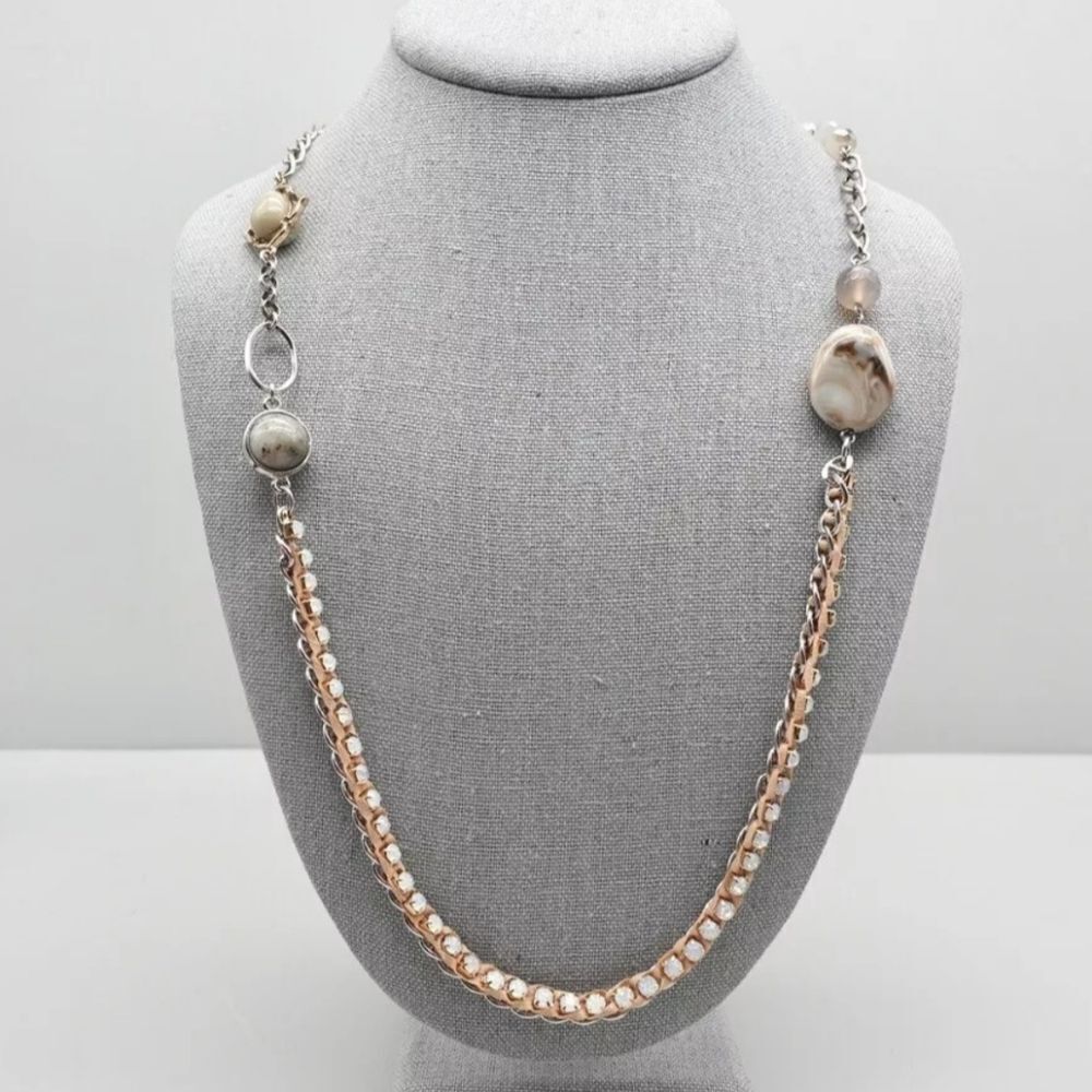 LOFT Necklace Rhinestone Chain Multicolor Station Beads 26" Costume Jewelry